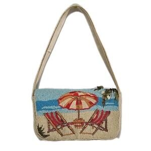 Beaded Handbag Handcrafted In India Beach Scene Chairs And Umbrella Shoulder Bag
